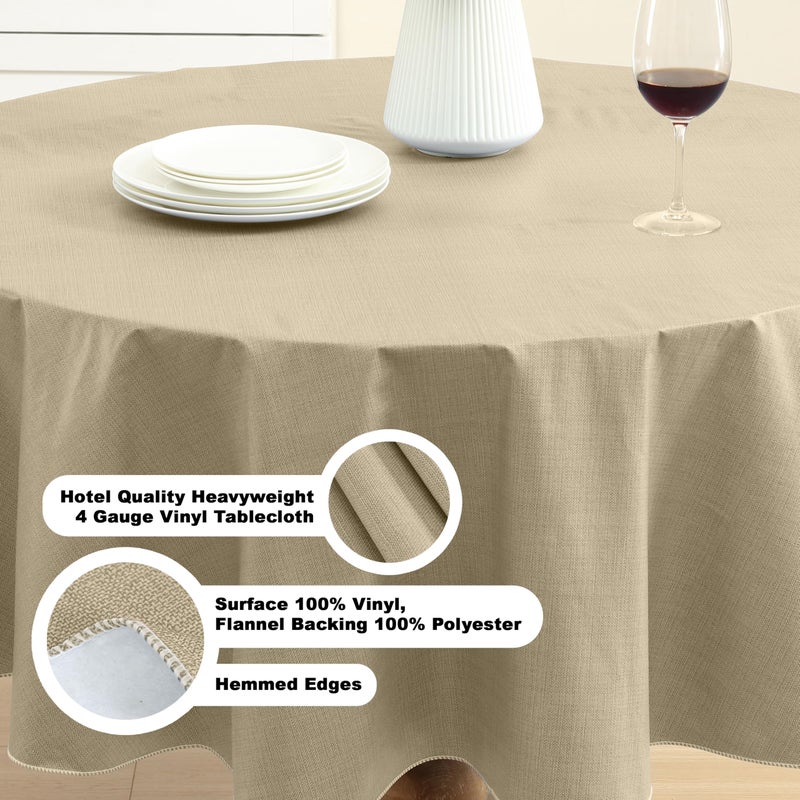 Lintex Cafe Hotel Linen Look Vinyl Flannel Backed Tablecloth, Heavyweight 4 Gauge, 70 Inch Round, Sand Indoor Outdoor Waterproof Wipe Clean Table Cover - Image 4